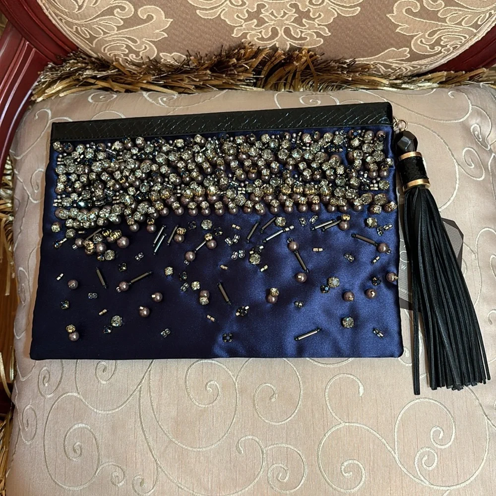 Rafe New York LG GELIA blue satin leather trimmed embellished studded clutch